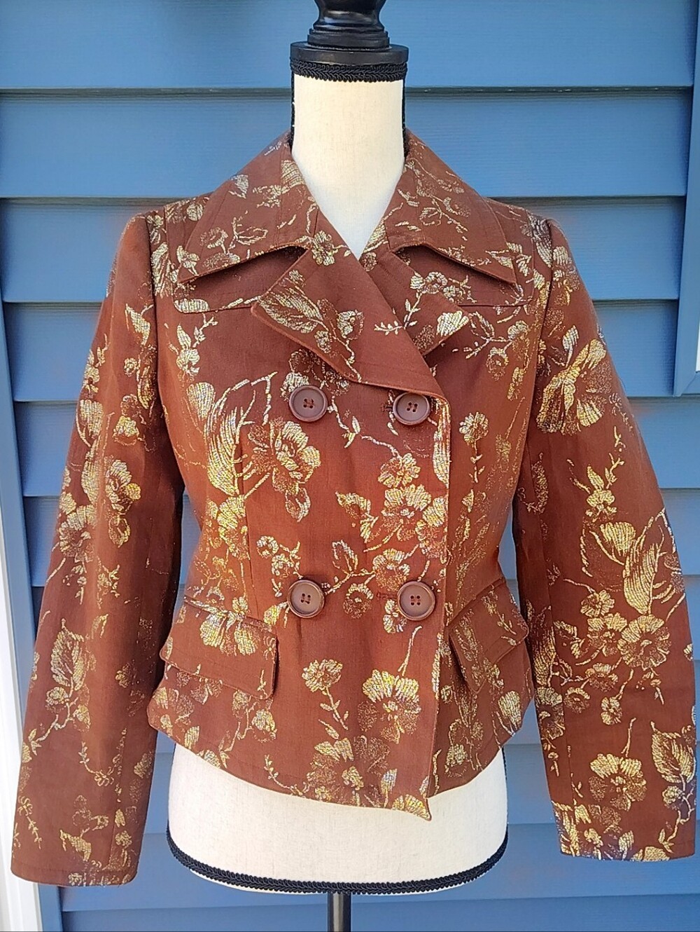 VTG Y2K Apostrophe Metallic Floral Brocade Jacket Brown Gold Cropped Blazer SZ 2